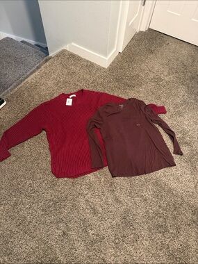 Women's Deep Red Knit Sweater & Burgundy Long Sleeve Tee - Set